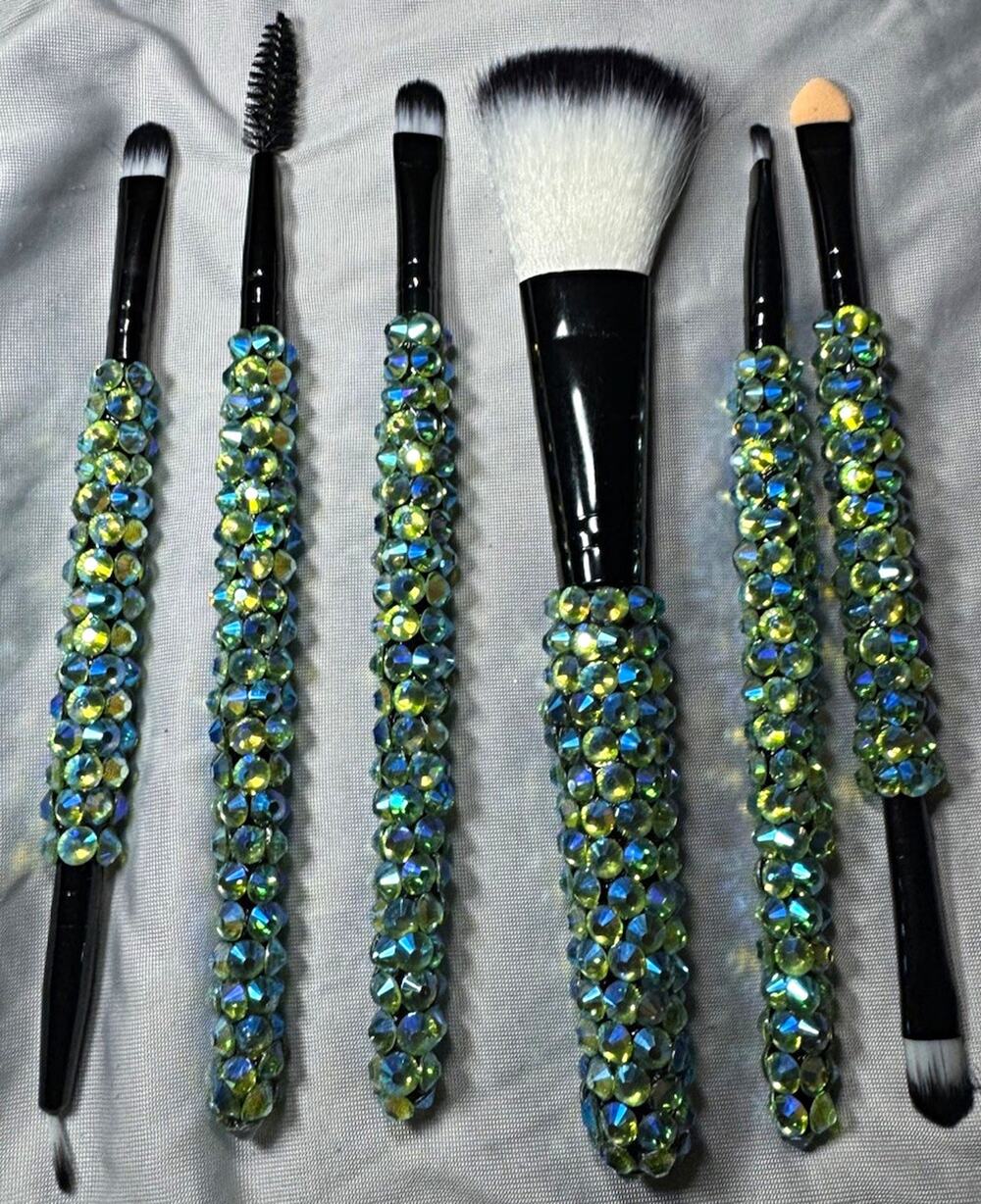 6pc Rhinestone Crystal Handle Makeup Brush Set w/ Spoolie Black Blue Green
